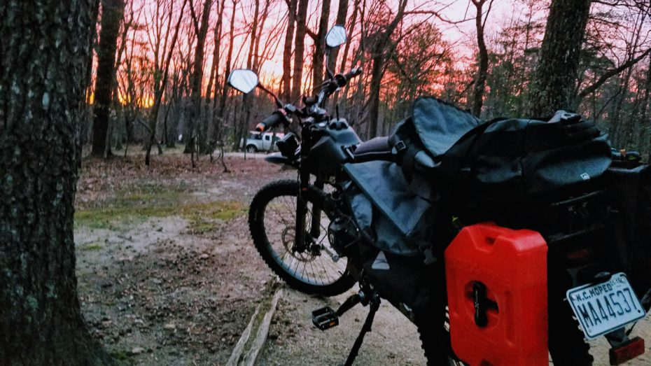 Motorcycle at Sunset with camping gear